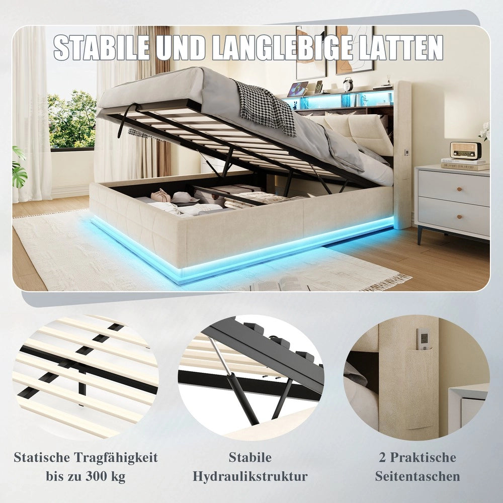 Letto Contenitore con LED, Ripiani e USB ¨C MINIMAL ¨C Beige 140x200