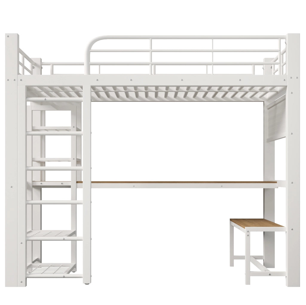 Letto a soppalco 204x95x180 cm multifunzionale con scrivania e LED in metallo bianco