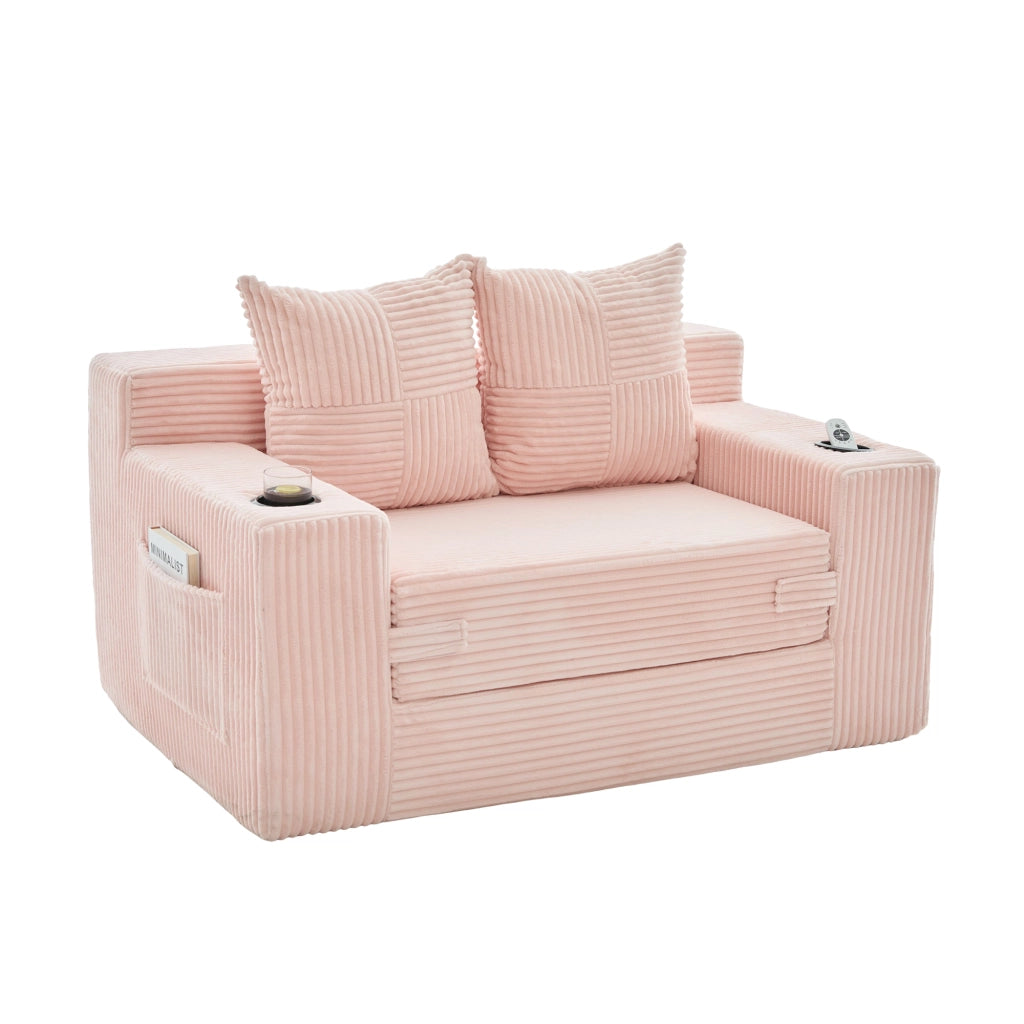 Divano due posti rosa 151 x 133 x 64 cm con cuscini e portabicchieri; velluto a coste