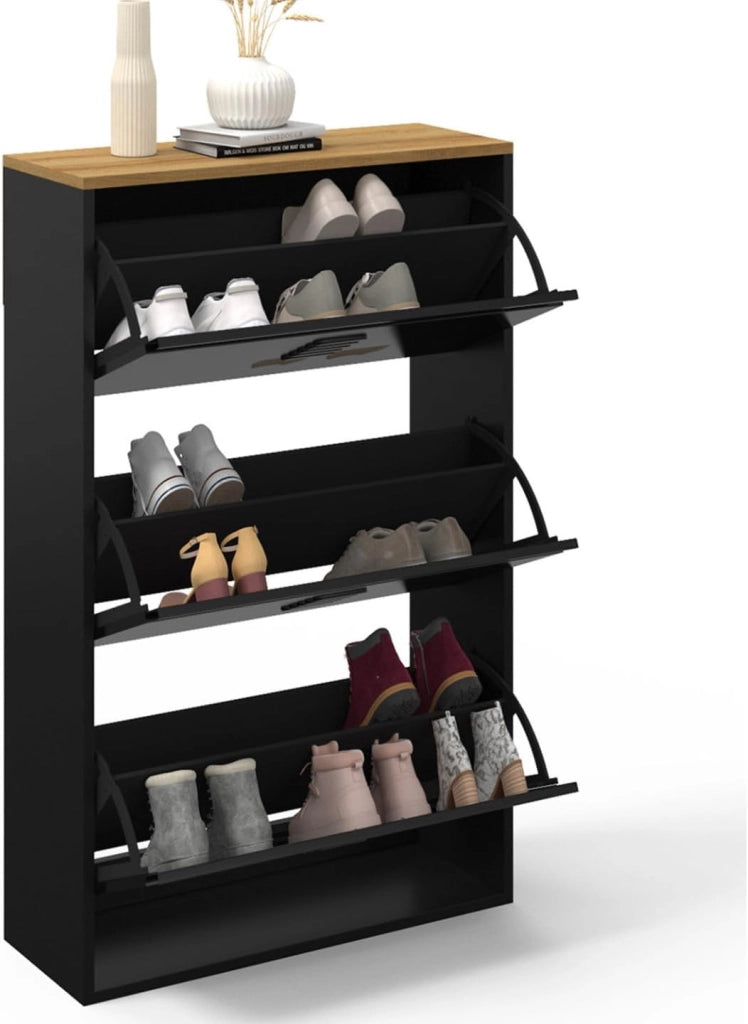 ESTER Zapatero de 3 puertas y 18 pares de metal negro con tapa de madera de diseño industrial