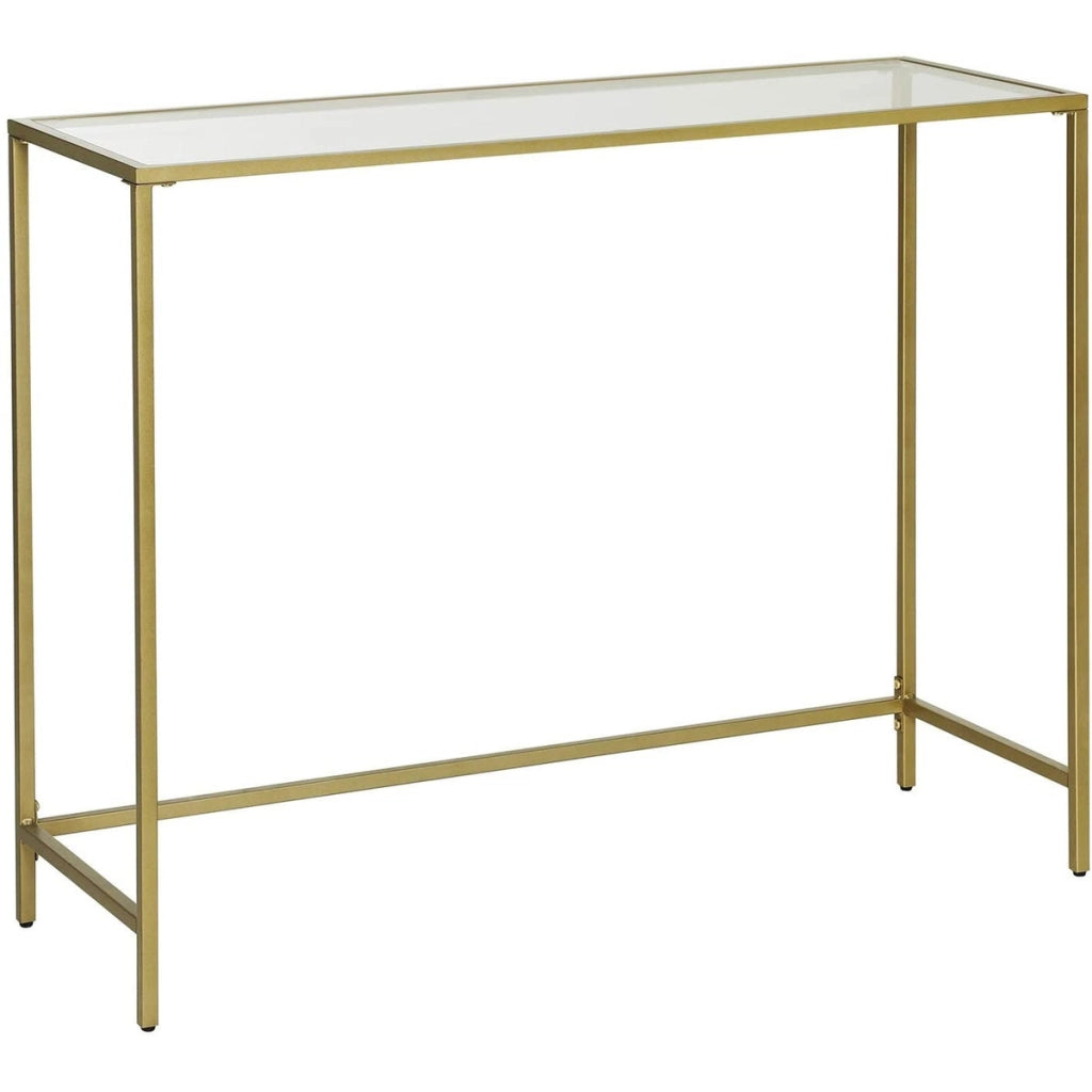 Console da salotto moderna dorata con piano in vetro