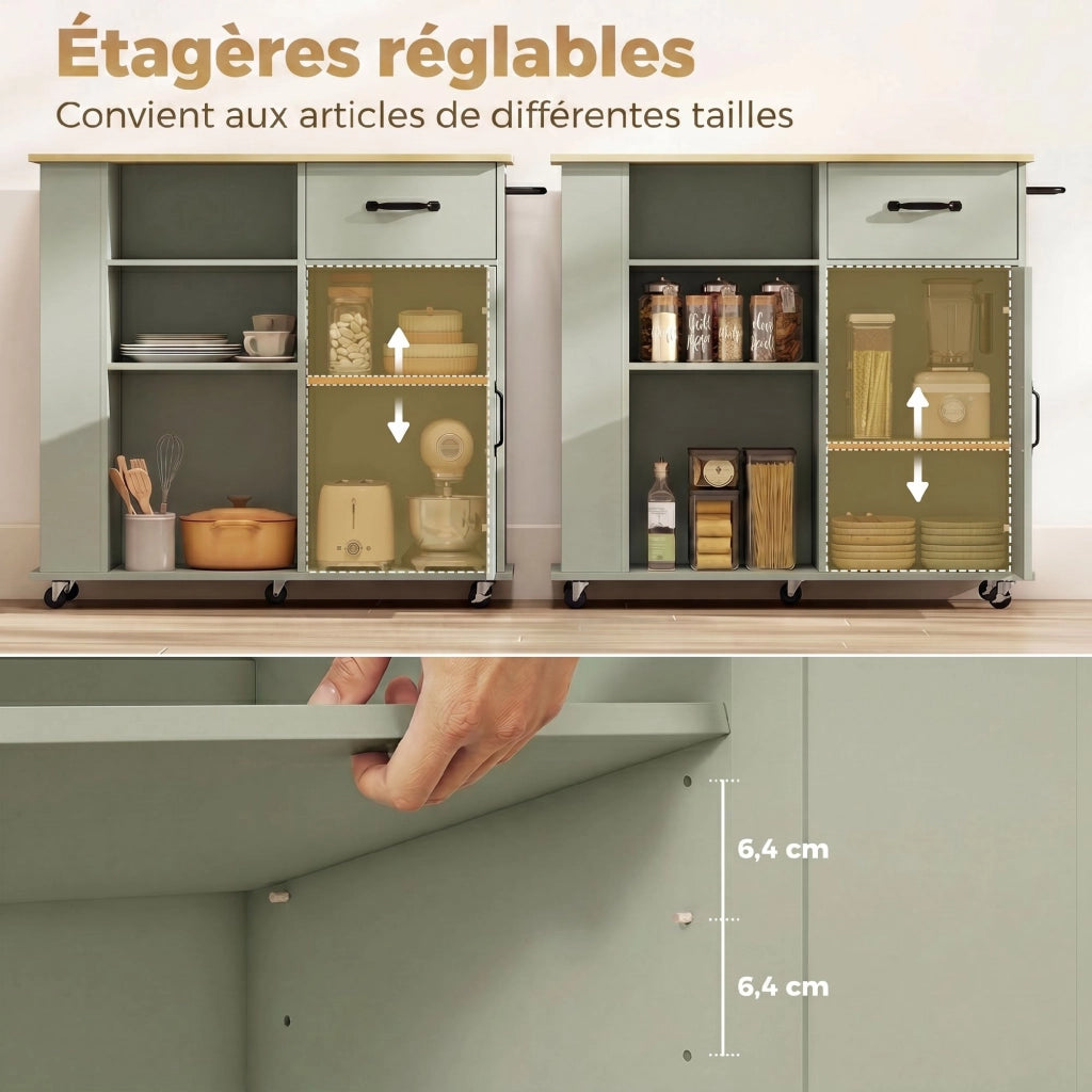Tavolino da cucina con ruote ¨C zephmum ¨C verde, con cassetto e porta