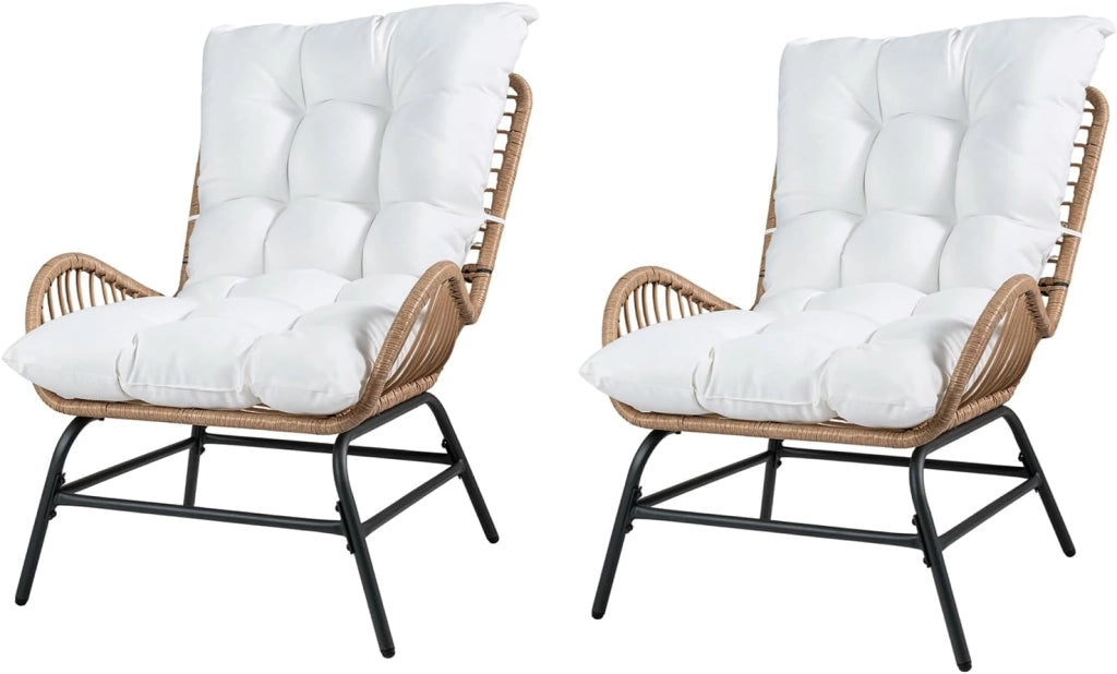 Poltrona da Giardino in Rattan PE, Sedia Relax con Cuscino Imbottito, Portata 180 KG, Sedile Ampio, Schienale e Braccioli, Poltrona Ergonomica per Balcone, Terrazza, Patio, Salotto (2,Bianco)