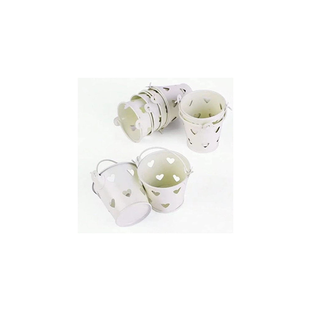Trade Shop - 24 X Secchielli Bianchi Con Cuori In Latta Verniciata Portaconfetti Bomboniera -