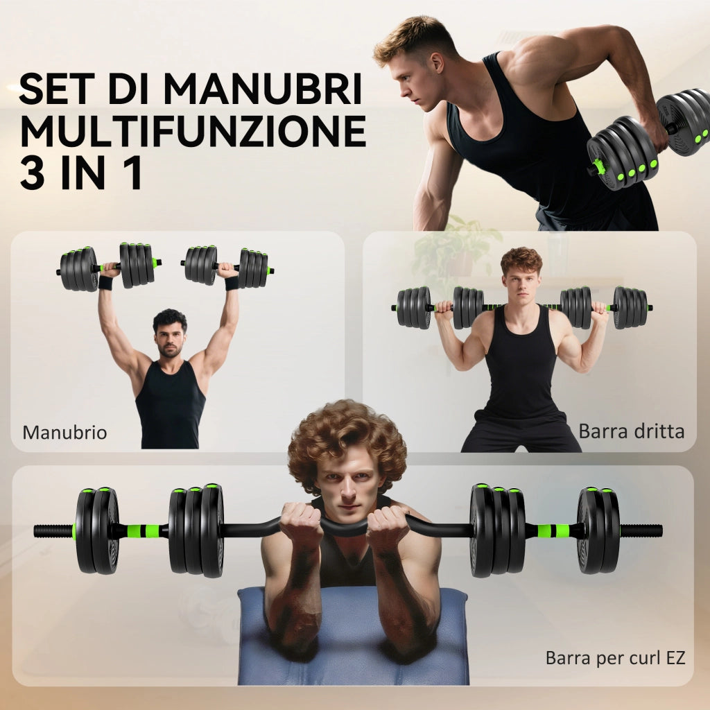 Set Bilanciere con Pesi 3 in 1 da 16 Dischi e Impugnatura Antiscivolo, 140x22x22 cm, Verde