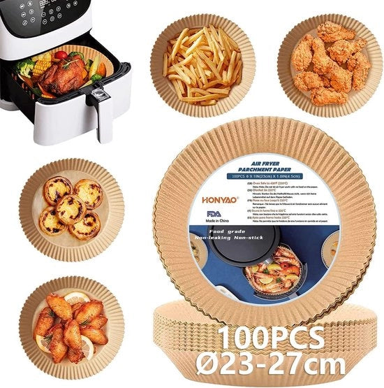 Pannelli di Carta per Frittura ad Aria 23-27cm, 100 pezzi, Pannelli di Carta XXL per Frittura ad Aria, capacità 6,2-8,3 L, rivestimento non aderente, per frittura, cottura e resistente all'olio.