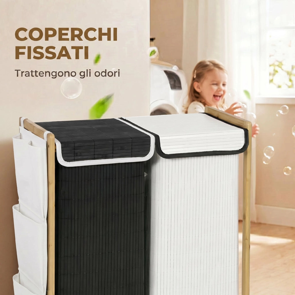 Cesto Portabiancheria 63x33x78 cm 2 Scomparti 120L con Coperchi Tasche Laterali Sacchi Estraibili in Bambù e Poliestere