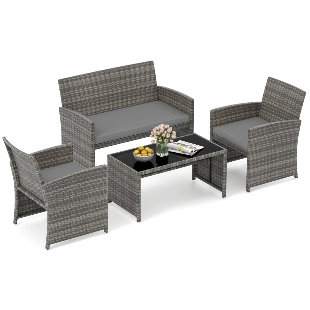 Set conversazione patio 4 pezzi in vimini con cuscini e vetro temperato, Mobili da esterno per giardino veranda balcone Grigio