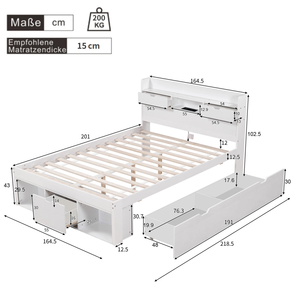 Letto 160x200 cm con USB e ampio spazio contenitore bianco