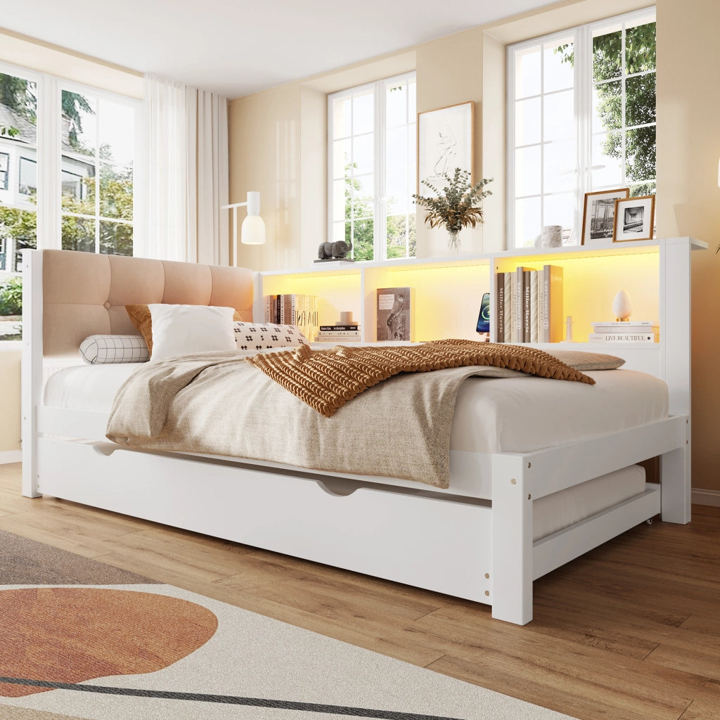 OKWISH Letto a Scomparsa 90×200 cm, Letto Singolo con Letto Estraibile, LED Regolabile, Ripiani e USB, senza Materasso, Legno, Bianco