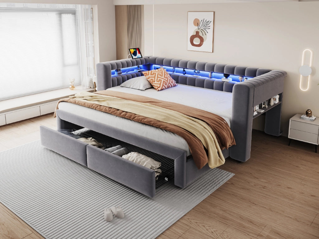 DESMIU Divano letto 90 × 190 cm 1 posto con cassetti, vani portaoggetti, LED, USB e Type-C, senza materasso, grigio