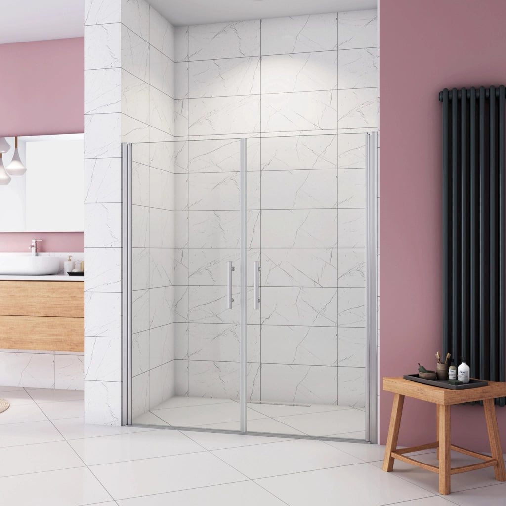 Box Doccia per Nicchia 195 cm Doppia Porta Battente Saloon Vetro Temperato 6 mm Anticalcare Larga 146 cm (76+76: 1438-1478 mm)