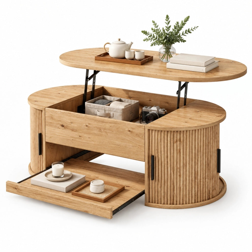 Tavolino elevabile 110x55x55 cm in MDF naturale con contenitore integrato