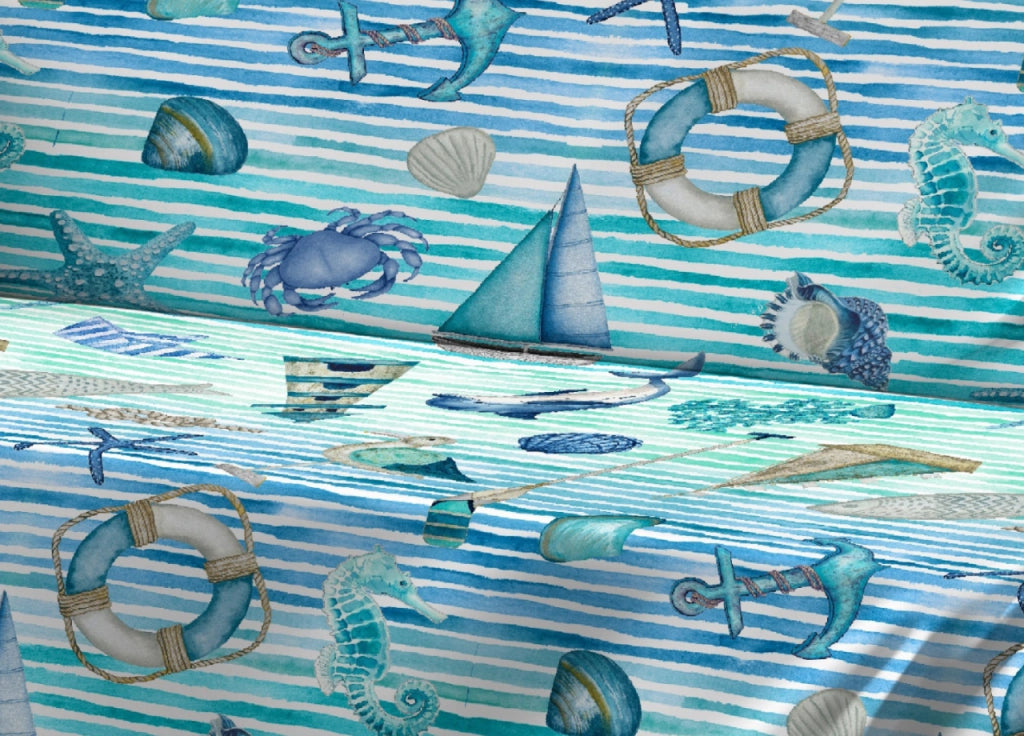 Telo Arredo Granfoulard Copritutto Salvadivano 100% Cotone Dis. Mare - Matrimoniale - Azzurro
