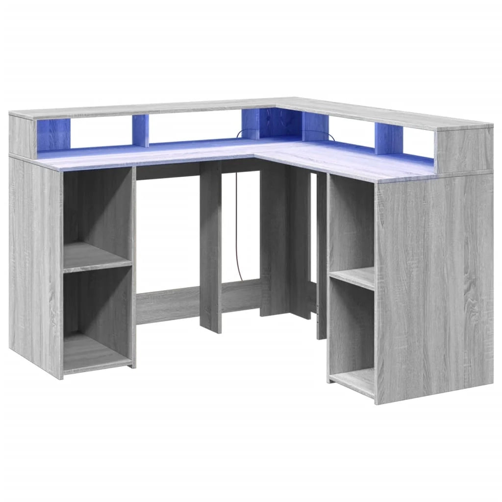 Scrivania tavolo postazione di lavoro mobile per computer mobile per studio e luci a LED Sonoma 130 x 130 x 91 cm legno ingegnerizzato grigio 02_0023806