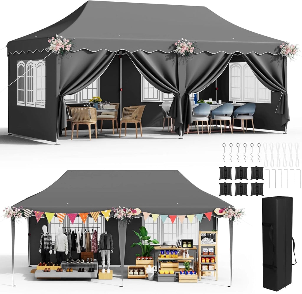 Gazebo 3x6 Pieghevole Impermeabile con 6 Pareti Laterali, Gazebo Esterno Antivento,Tenda UV 50+,12 Chiodi Rettificati e 6 PCS sacchi di sabbia, Gazebo da Giardino Festa/Campeggio/Matrimoni,Bianco