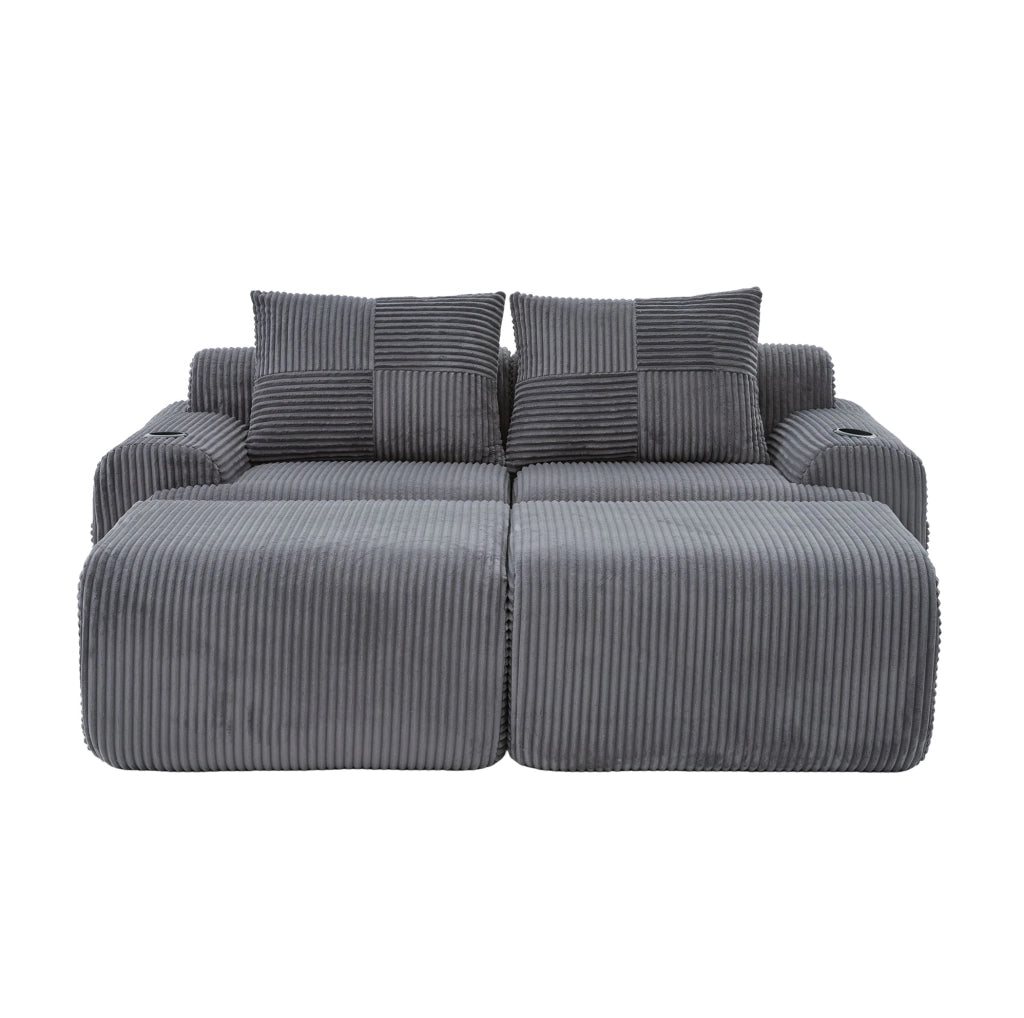 Divano modulare 2 posti in corduroy con portabicchieri e tasca laterale; grigio scuro 200x174x80 cm