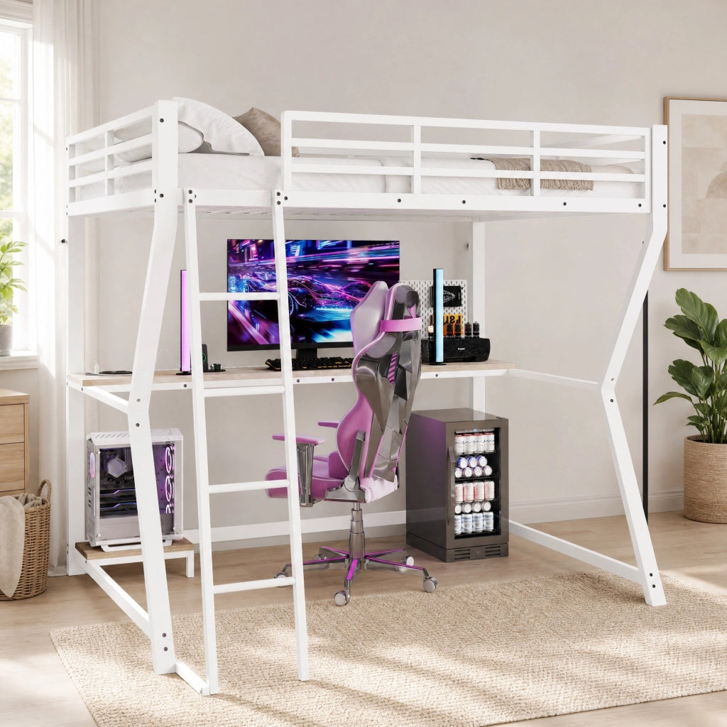 DESMIU Letto a soppalco 1 posto con scrivania, ripiano PC, presa, USB e luce LED 90 × 200 cm senza materasso