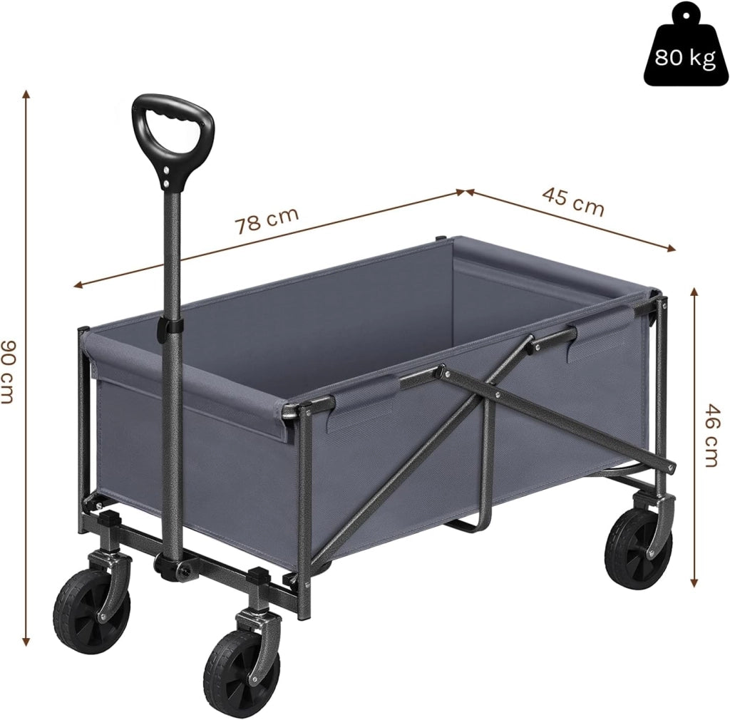 Carrello con Ruote, Carrello da Giardino Pieghevole, Manico Regolabile, 78x43x90cm, Capacità di carico: 80 kg, Ruote per Tutti i Terreni, per Esterni, Giardinaggio, Campeggio, Shopping, Grigio