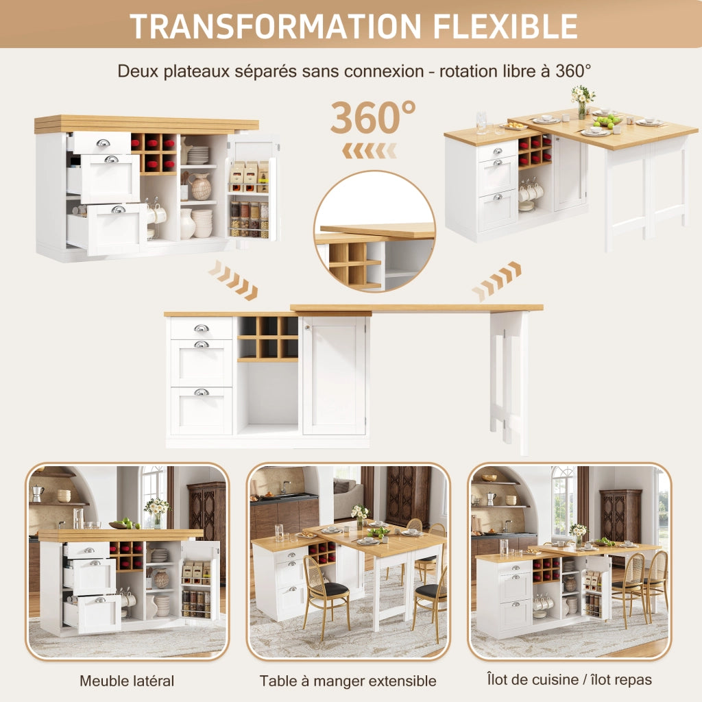 Tavolo bar estensibile con contenitore; 1 cassetto; portabottiglie; mobile cucina girevole 360°; per cucina; 120 × 40 × 74 cm