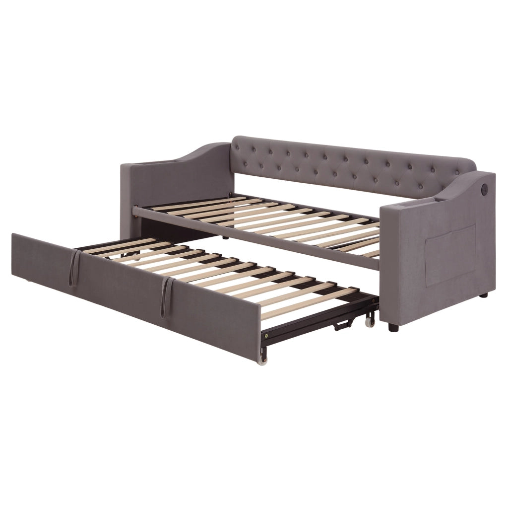 Letto imbottito 90x190 cm grigio in velluto con rete a doghe e USB