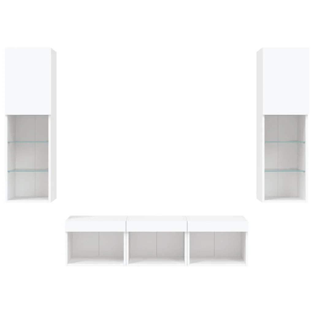 Mobile TV multimediale scaffale TV credenza mobile TV sala da pranzo soggiorno camera da letto con illuminazione a LED 5 pezzi legno ingegnerizzato bianco 02_0029380