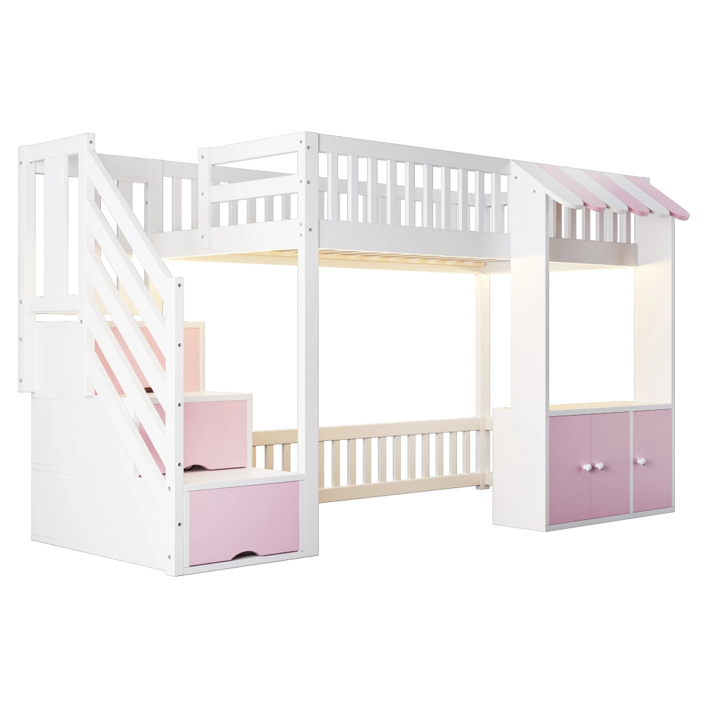 Letto a soppalco singolo 90×200 cm con scala contenitore e LED; senza materasso; legno; rosa e bianco