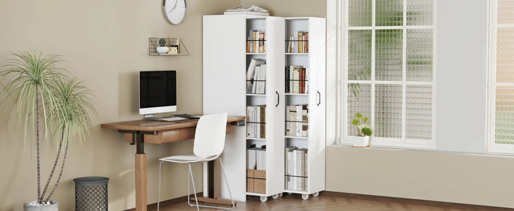 Libreria estraibile con ruote, 4 ripiani, MDF, bianco, moduli reversibili sinistra/destra, 51,5x41x158 cm