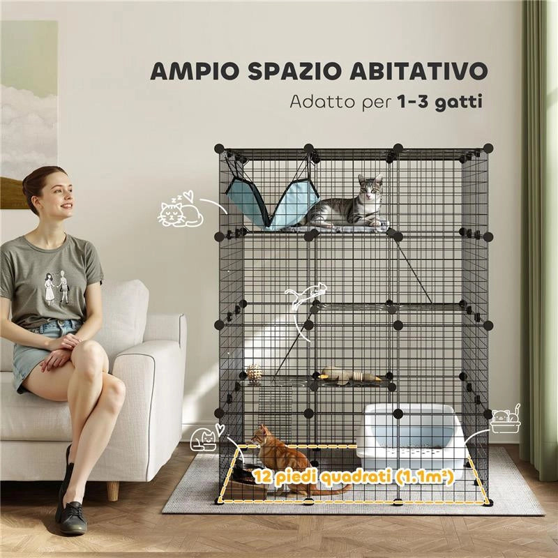 GABBIA PER GATTI MODULABILE A 4 LIVELLI CON PIATTAFORME RAMPE E 5 PORTE IN ACCIAIO E PP 105X105X140 CM NERO