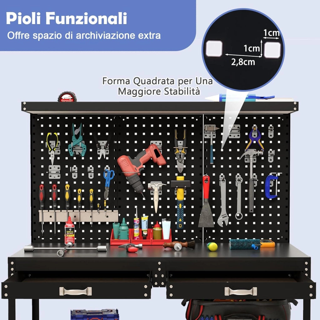 Banco da Lavoro con Piano da 120 x 60 cm, Banco da Lavoro Officina con Pannello Forato e 24 Ganci Porta Attrezzi, Tavolo da Lavoro per Garage con 2 Cassetti e 2 Mensole (Nero)