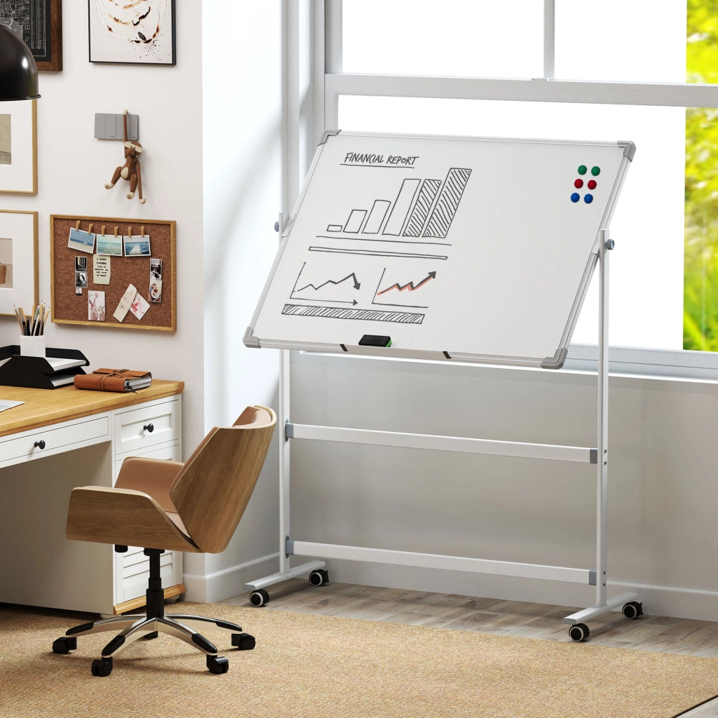 Lavagna Magnetica Bianca a 2 Facce con Accessori e 4 Ruote. in Alluminio e Acciaio. 127x50x165 cm
