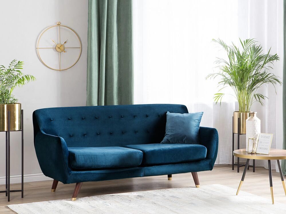 Divano in velluto blu navy a 3 posti con schienale capitonnè imbottito con gambe in legno