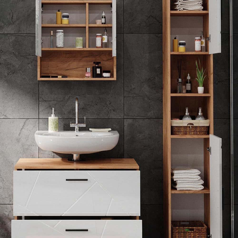 Set di mobili da bagno Irma, Bianco lucido/oro power oak, 80 cm, composto da mobile sottolavabo, specchiera e colonna alta