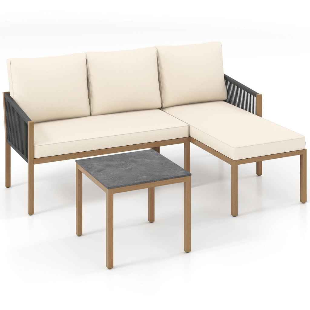 Set di mobili da giardino 3 pezzi con 2 divani componibili a forma di l, Set da conversazione da esterno per patio e terrazzo Beige