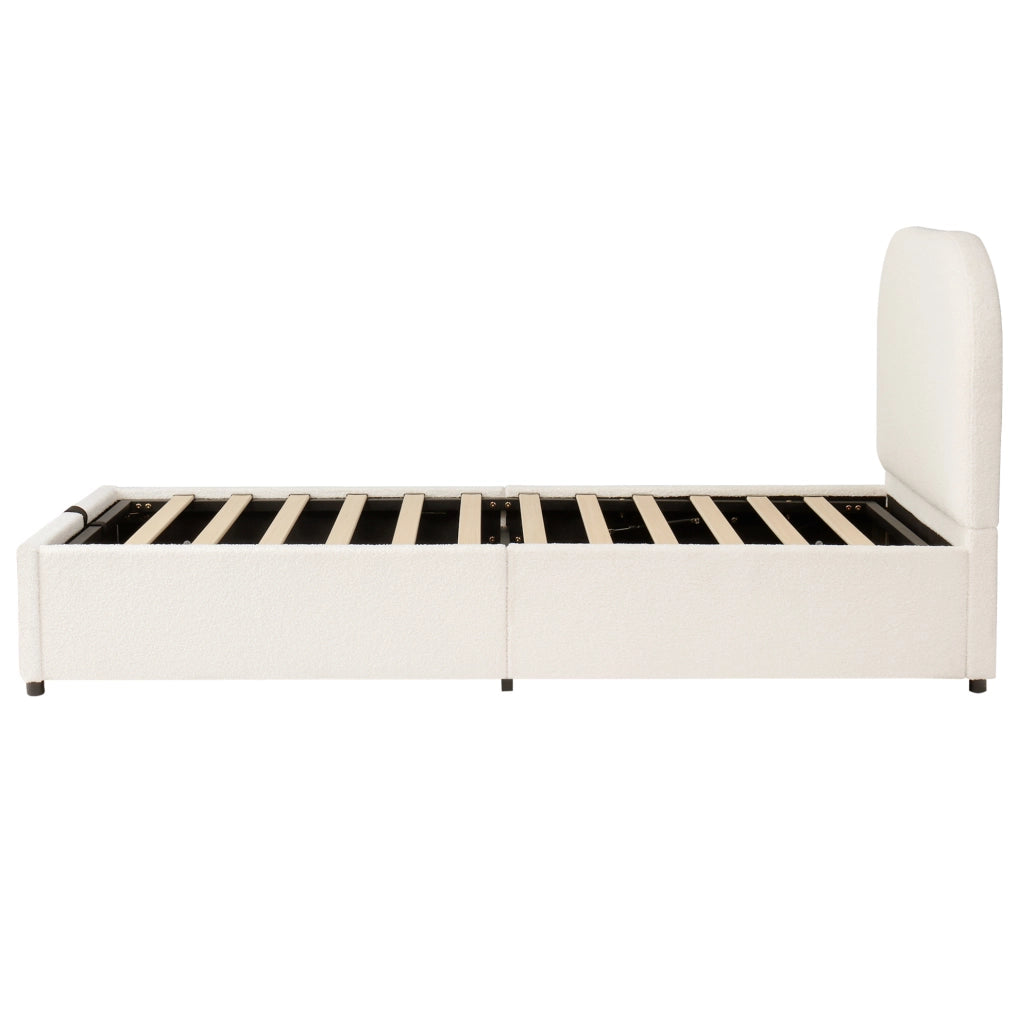 Letto per bambini 90x200 cm con contenitore idraulico; tessuto bouclé beige