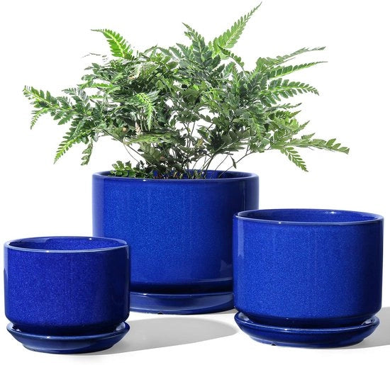 Set di vasi per piante con drenaggio - set da 3 - blu smeraldo - ceramico