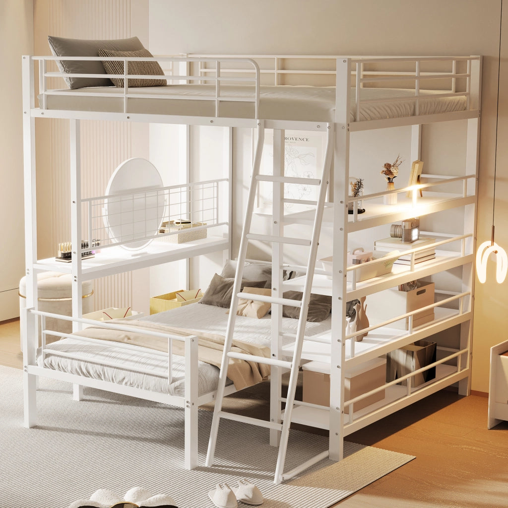 OKWISH Letto a castello 140×200 cm e 90×200 cm, Letto 3 Posti con Mensole, Divisibile in 2 Letti, senza Materasso, Metallo, Bianco
