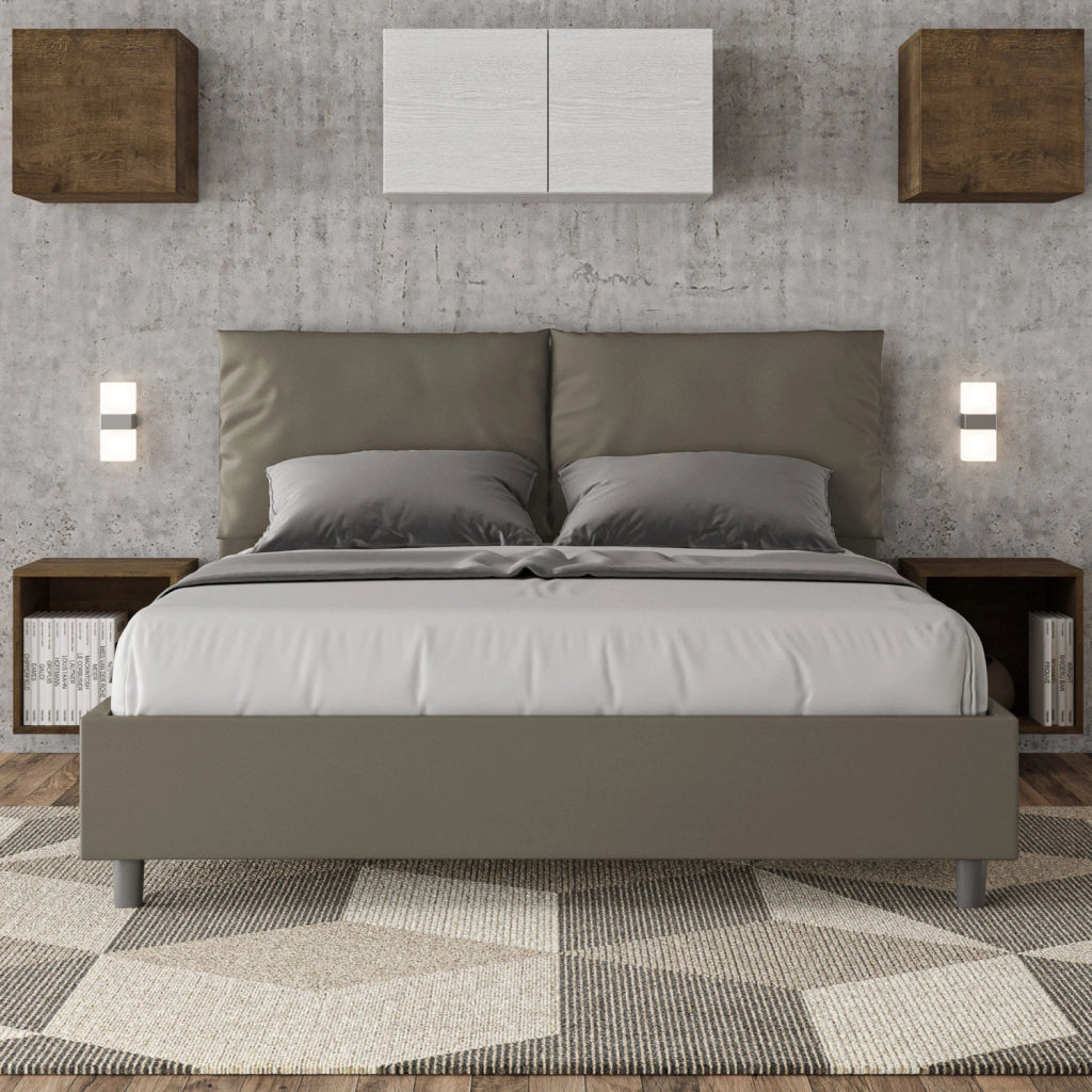 Letto Matrimoniale 160x190 cm con Rete e Contenitore con Alzata Comoda Imbottito in Similpelle Antea Cappuccino