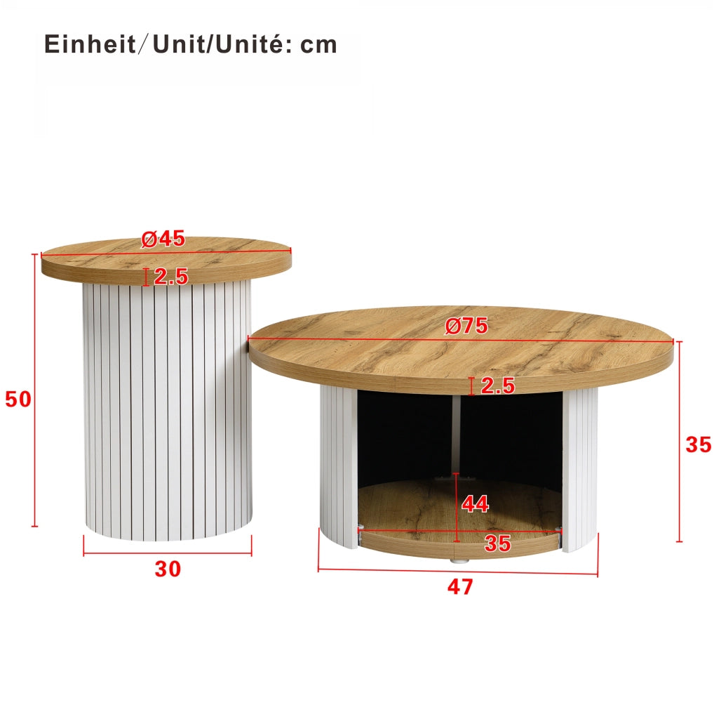 Set tavolini da salotto rotondi in MDF naturale; 75x75x50 cm e 45x45x35 cm