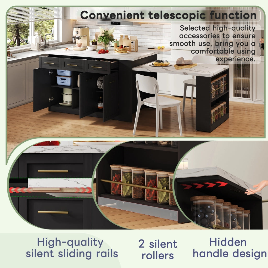 Isola cucina con tavolo estraibile 150x90 cm in MDF nero e marmo bianco