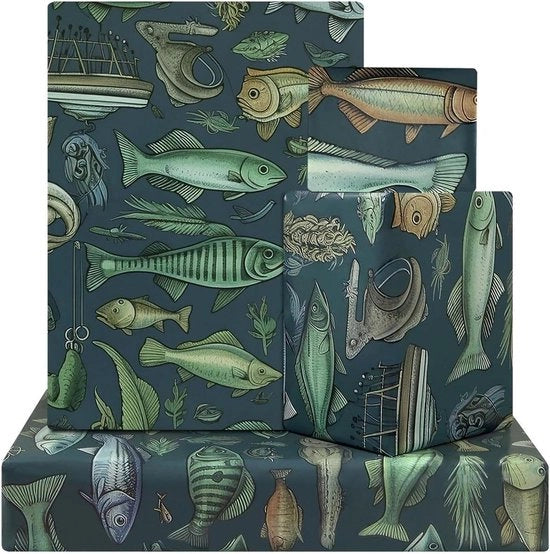 Papier per confezionamento realistico per pescatori - Tema oceano e mare - 4 fogli 50x70 cm con tonno e pesci volanti