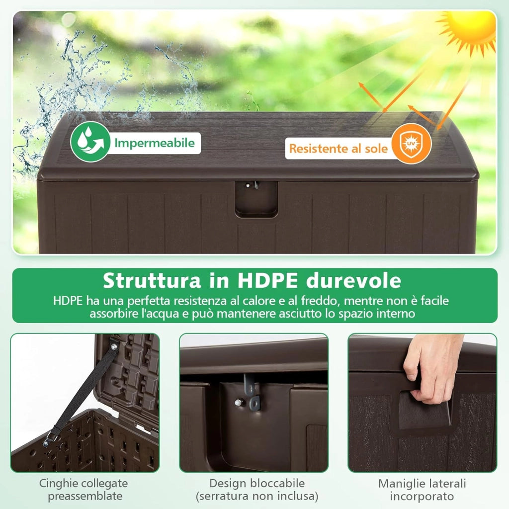 Baule da Giardino 400L, Panca Contenitore in Plastica con Coperchio e Maniglia, per Interni e Esterni, 127,5 x 64 x 64cm (Modello 2)