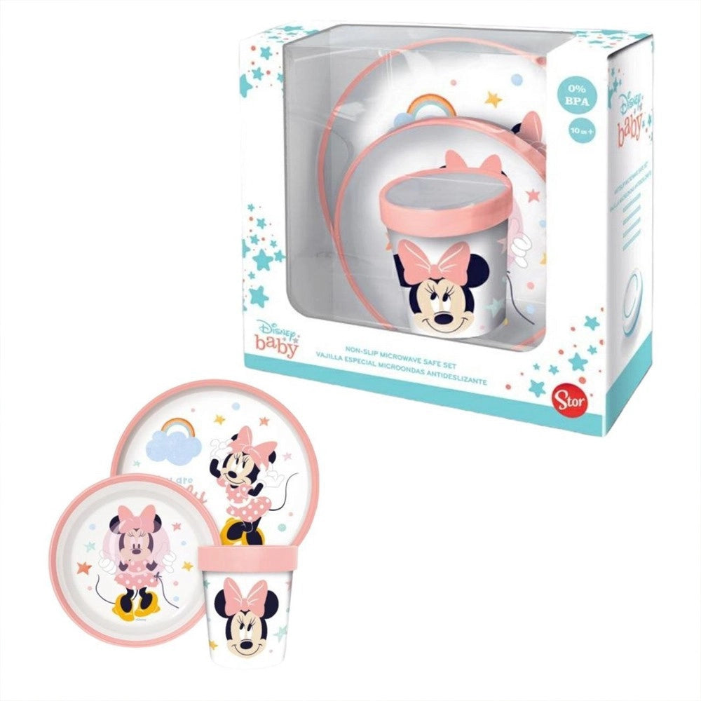 Trade Shop - Set Pappa Minnie Mouse Bicchiere Piatti Antiscivolo Rosa Bambini Prima Pappa -