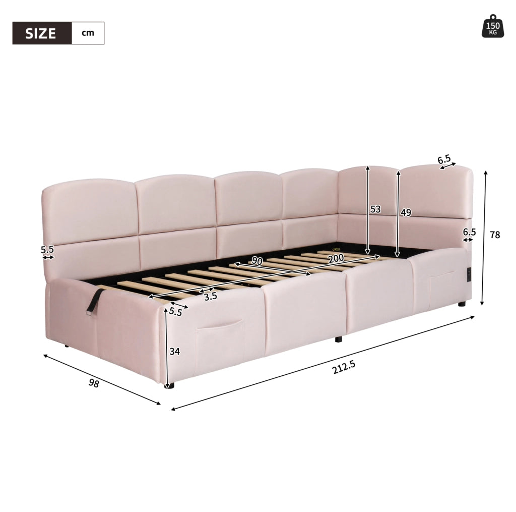 Letto imbottito 90x200 cm rosa in velluto con vano contenitore, USB e tasche