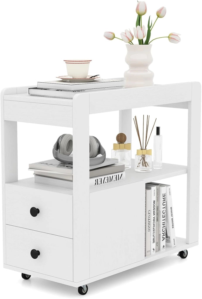Tavolino da divano, contenitore con 2 cassetti e scaffali aperti, supporto per stampante con ruote, comodino, sottile, per ufficio, 65 x 30 x 62 cm (marrone)