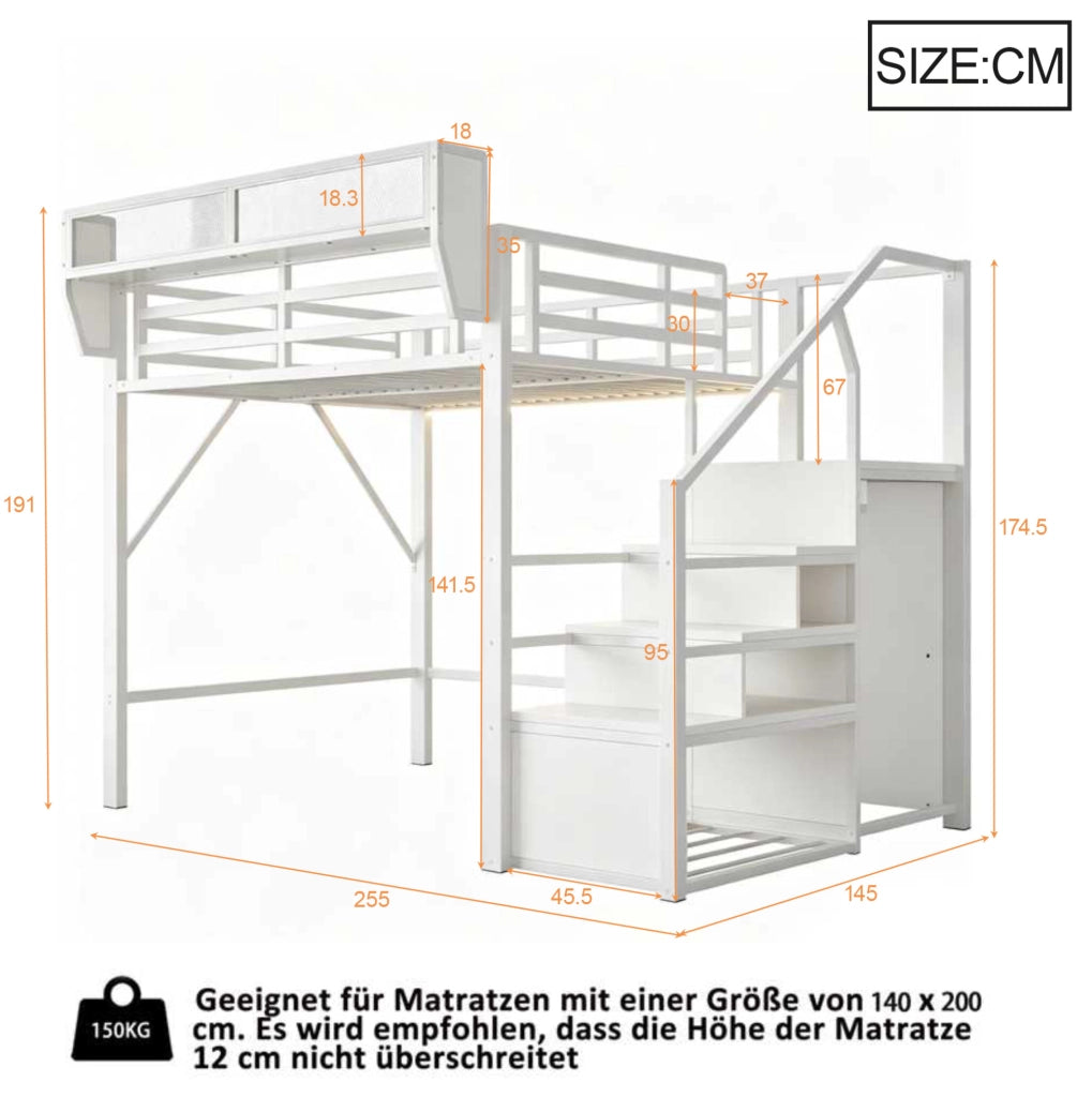 Letto a soppalco 140x200 cm con LED; scala di sicurezza e ripiani flessibili in metallo bianco