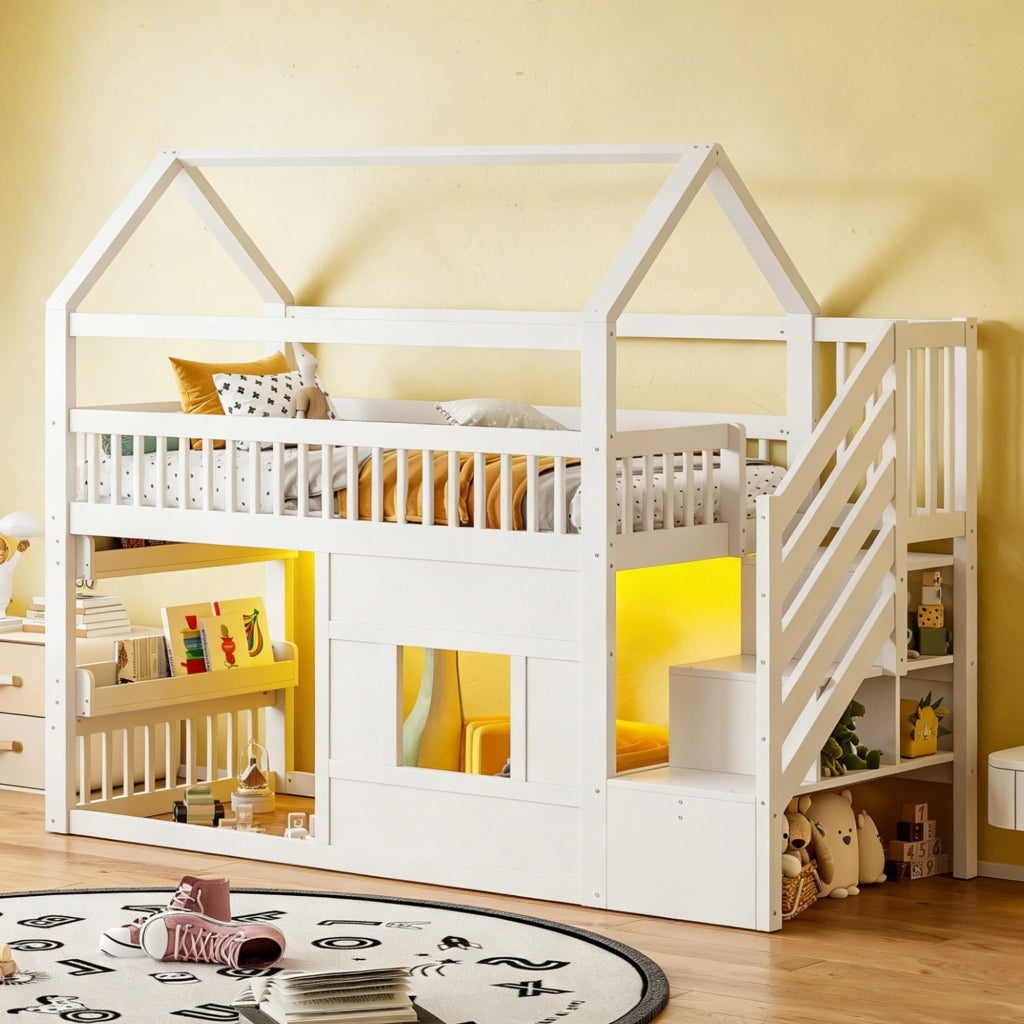 Letto a soppalco per bambini con LED; scala a 2 vani e finestra LEMONMAX; 90x200 cm; cabana mezza altezza; pino massiccio; bianco