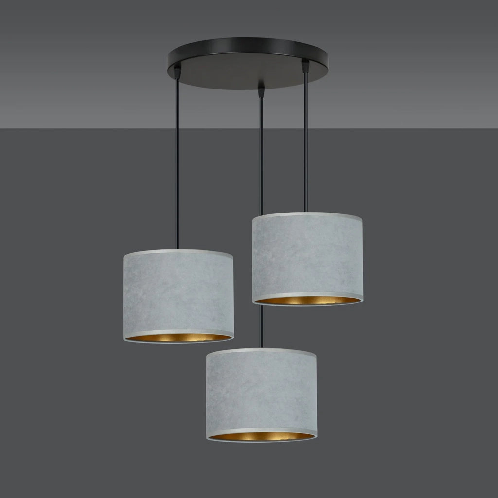 Lampadario Tondo 3 Luci Ganesha In Acciaio Nero E Paralumi In Tessuto Grigio