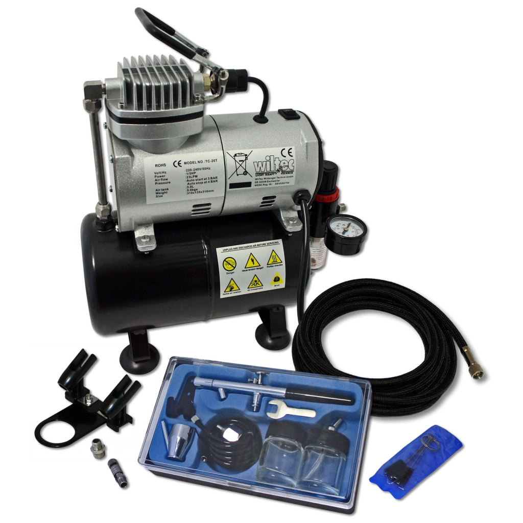 Set aerografia Compressore oil free AS186, Aerografo doppia azione, Accessori con tubo e raccordi