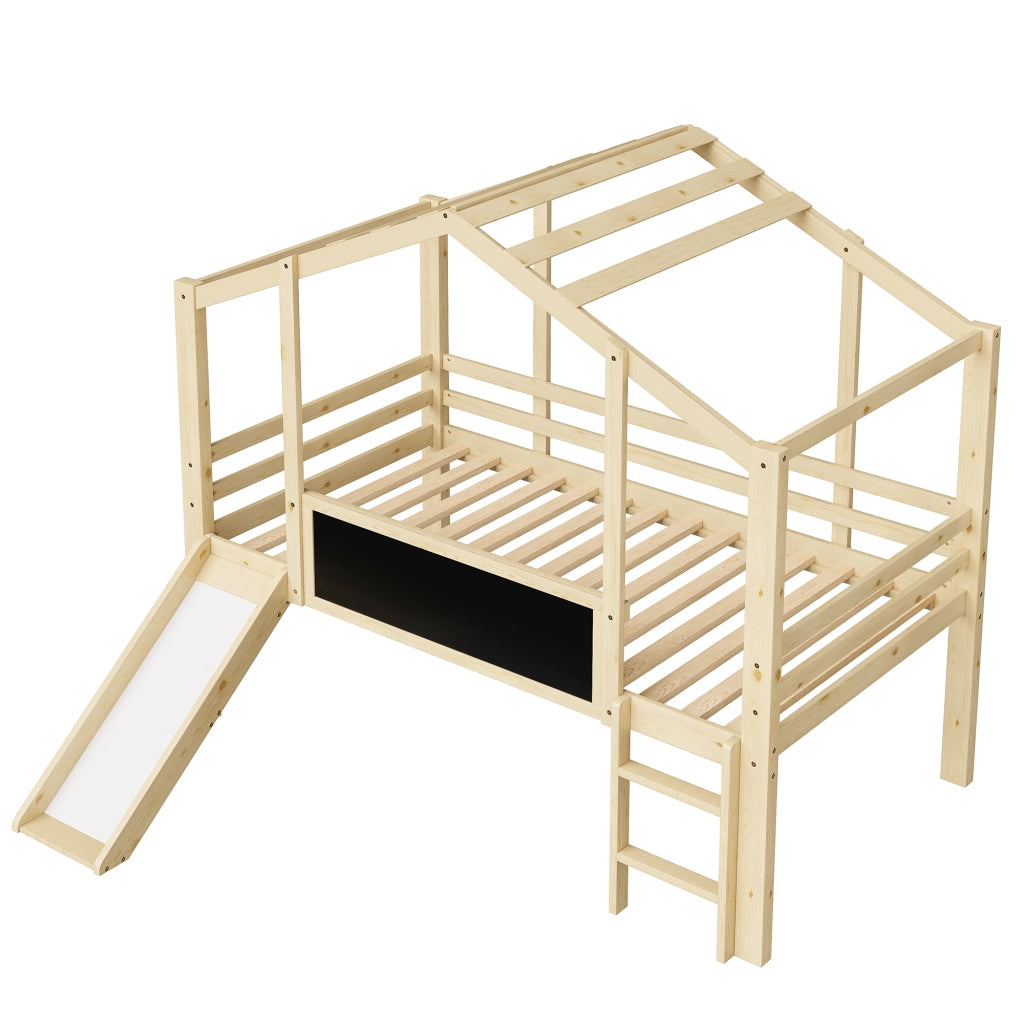 LETTO a soppalco 90x200 cm in legno naturale con scivolo, scala e lavagna